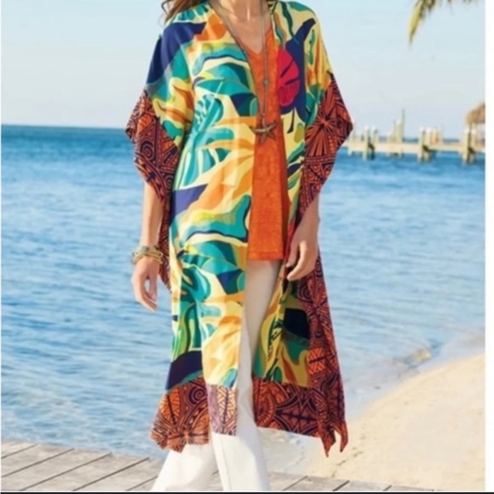 SOFT SURROUNDINGS Long Line Open Front Floral Kimono S/M